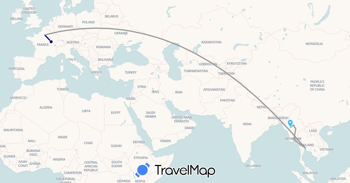 TravelMap itinerary: driving, plane, boat in France, Myanmar (Burma), Thailand (Asia, Europe)